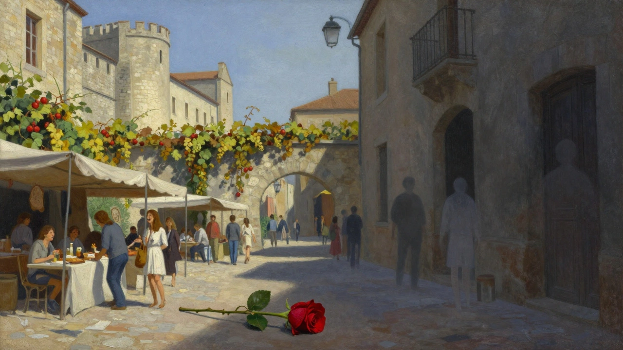 A split-image of Montpellier: sunlit streets on one side, shadowy figures on the other, with a wilting rose between them.