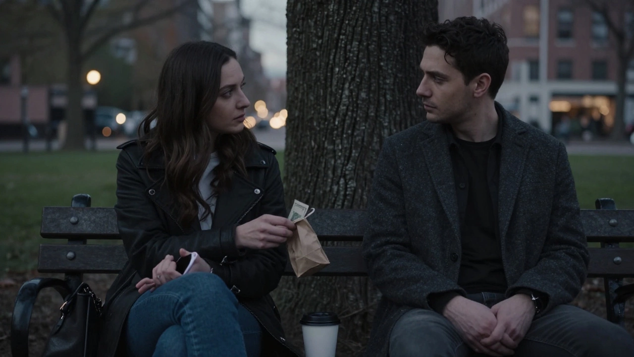 Two people sit on a park bench at twilight, sharing an unspoken moment with cash and a coffee cup between them.